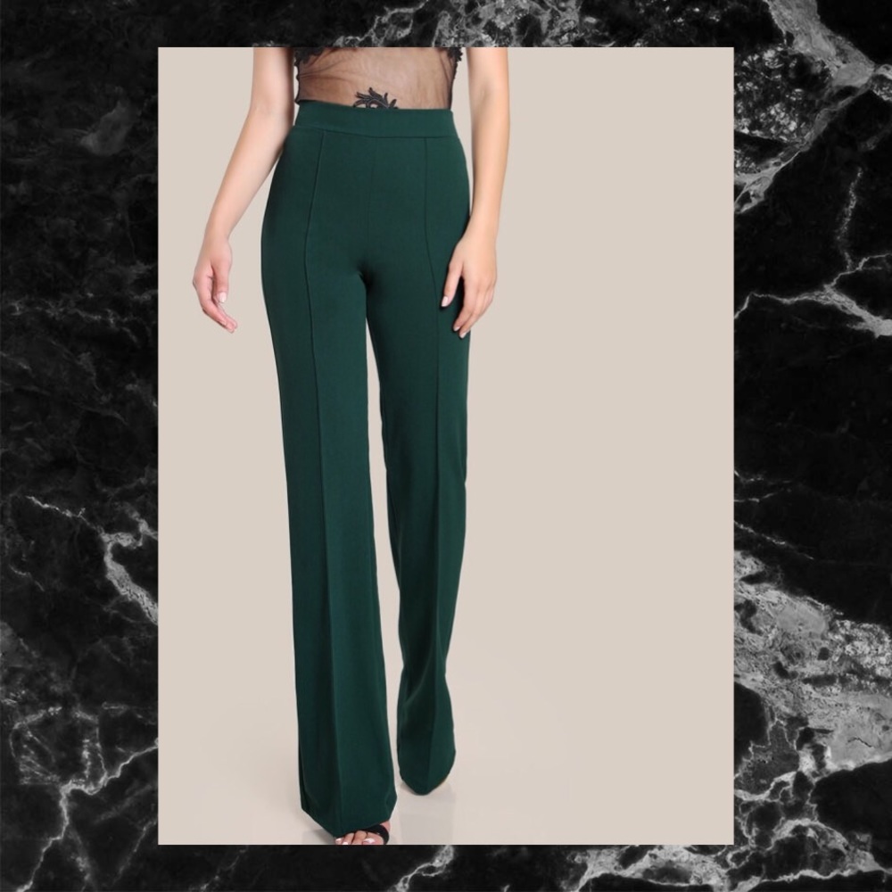 FOREST GREEN HIGH RISE PIPED DRESS PANTS - Picture 5 of 5